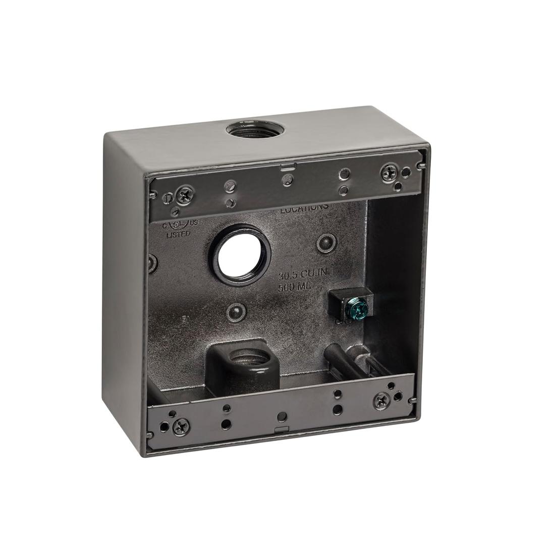 Sealproof 2-Gang 3 1/2" Holes Weatherproof Rectangular Exterior Electrical Outlet Box with 3 Outlets, Three 1/2-Inch Holes, UL Listed, Double Gang, Bronze