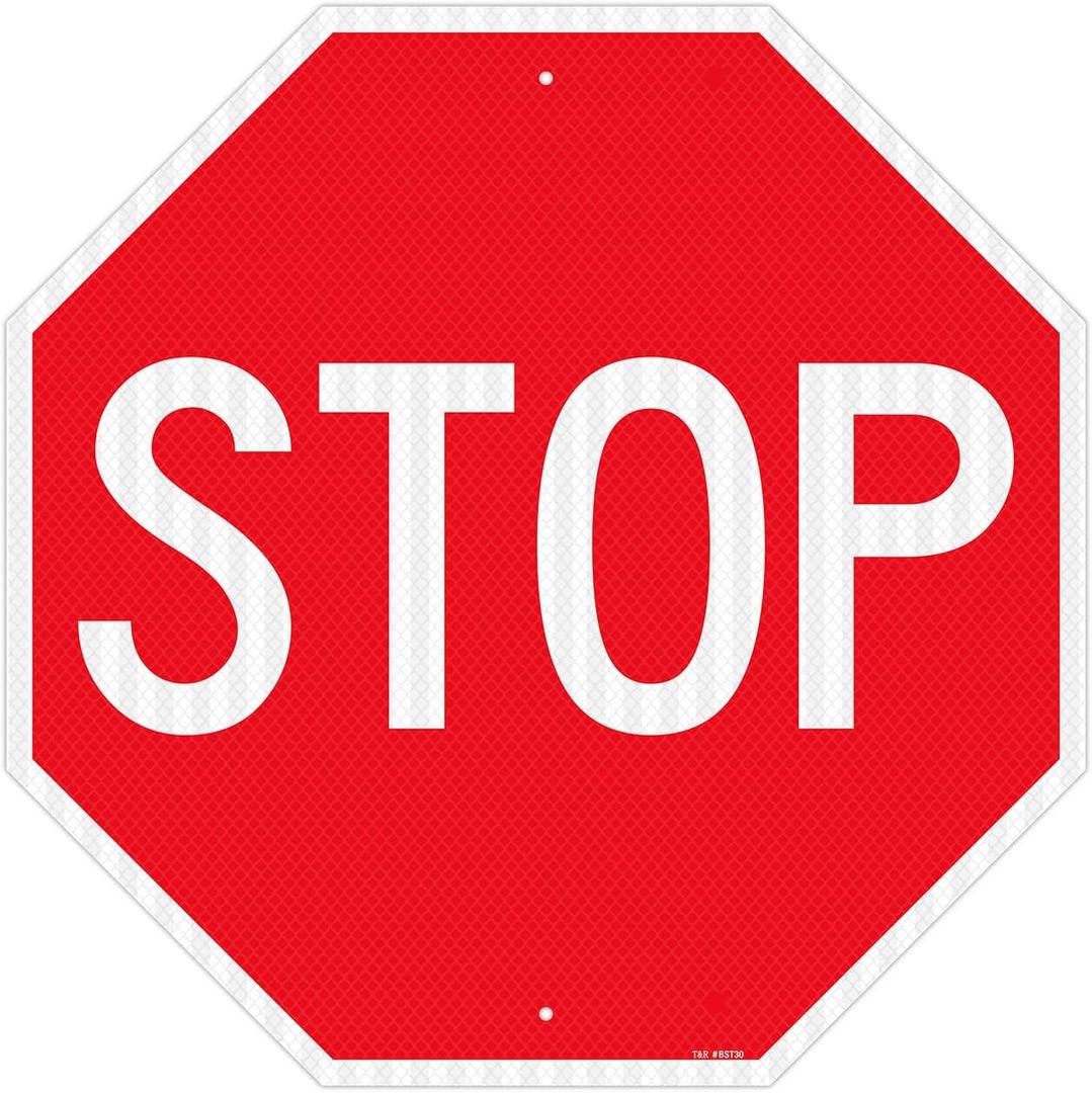 T&R Large Stop Sign Street Road Sign 30 x 30 Inches. Engineer Grade Reflective Sheeting, Rust Free Aluminum, Weather Resistant, Waterproof, Fade Resistant, 2 Pre-drilled Holes