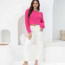 2025 Fall Cropped Sweater for Women Off The Shoulder Pullover Fluffy Knit Fashion Crop Top Holes Design (Pink, XL)