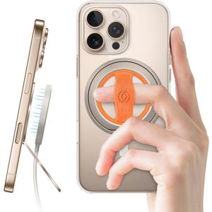 EWA MagOne 3rd Gen [Compatible with MagSafe] Phone Grip Stand with Finger Strap, Removable Magnetic Ring Holder Kickstand Loop for iPhone 16,15, 14, 13, 12 Series-(Gold-Orange)