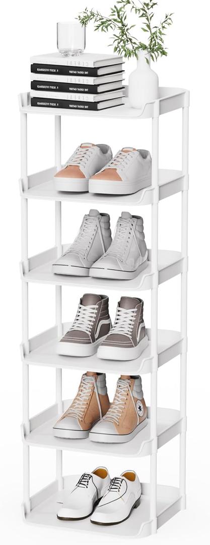 6 Tier Narrow Shoe Storage Rack, Compact Single Shoe rack Stand for Slim Space, Stackable Tall Thin Show Tower, Solid Plastic Shelves, for Hallways, Kitchens, Bedrooms Tidy Organizer, White