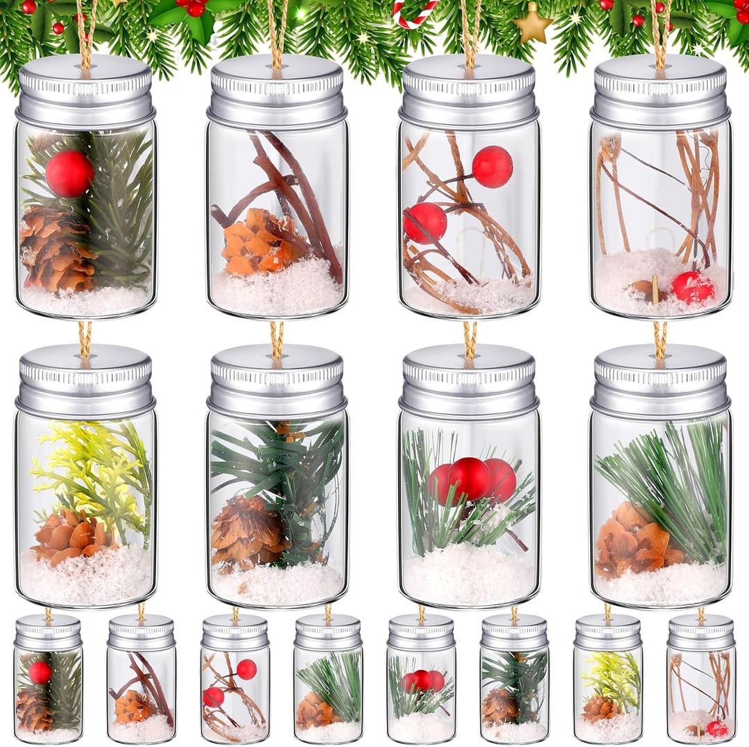 16 Pcs Christmas DIY Fillable Ornaments Kits Clear Glass Bottle Hanging Ornaments, Pine Cones Hanging Mason Jar with Screw Off Caps Rope for DIY Crafts Home Farmhouse Christmas Tree Party Decoration