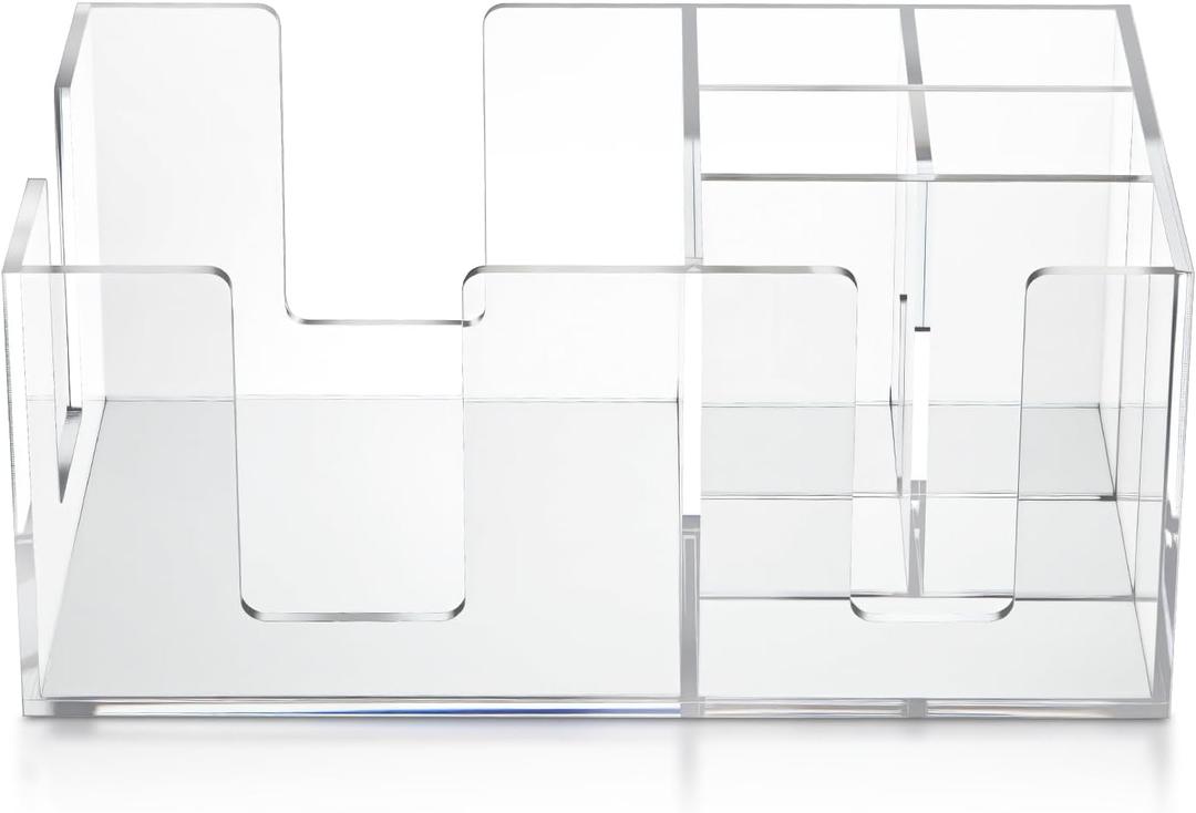 Mifoci Acrylic Bar Caddy with 6 Compartments, Bar Caddy Napkin & Straw Holder Organizer Cocktail Napkin Holder Condiments for Home Office Kitchen Countertop (Clear, 10.6 L x 5.5 W)