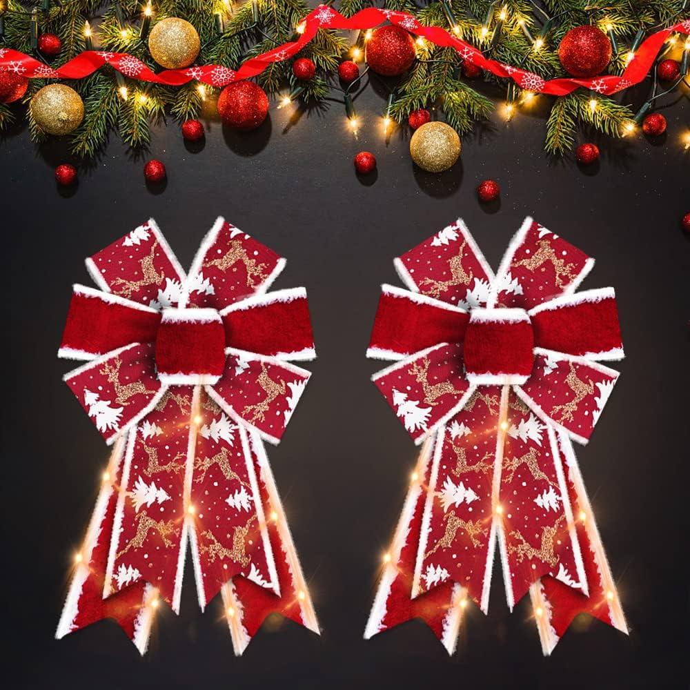 2 PCS LED Christmas Bows for Wreath, Christmas LED Wreath Bows Winter Holiday Snowflake Bows Red Velvet Bows Xmas Trees Bows for Front Door Merry Christmas New Year Decorations Supplies