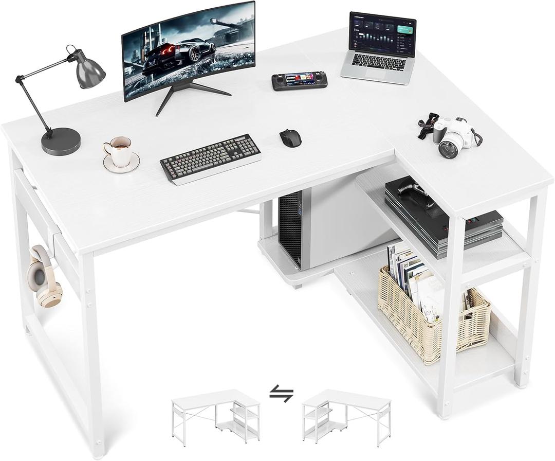 Casaottima L Shaped Computer Desk, 40 Inch Small Corner Desk with Storage Shelves & PC Stand, Reversible Gaming Desk for Bedroom, Modern Writing Study Table for Home Office, White