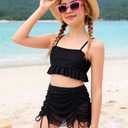 Girls Bathing Suit 3 Piece Set Ruffle Cami Tankini Top with Swim Skirt and Bikini Bottom, Cute Girls Swimwear for Pool Beach Vacation, Black, Ages 15-16 Years (Black)