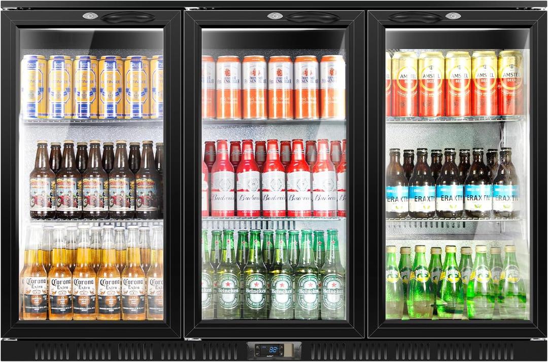 Tylza Back Bar Cooler With 3 Glass Doors, 312L Under Counter Back Bar Refrigerator with LED Lighting, Safety Locks, Counter Height Bar Beverage Cooler for Beer, Soda Drinks, Wine, Black