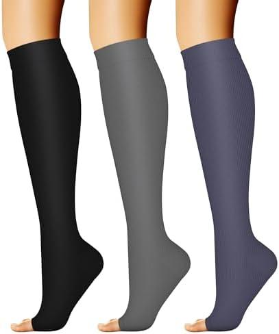 CHARMKING 3 Pairs Open Toe Compression Socks for Women & Men Circulation 15-20 mmHg is Best Support for All Day Wear, Size L/XL