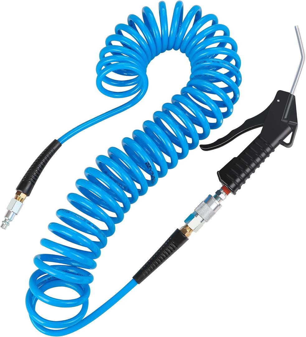 WYNNsky 1/4  25 FT Recoil Air Hose, Polyurethane Coiled Compressor Hose with 1/4'' Fittings, Air Blow Gun