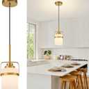 Modern Brass Pendant Lights Kitchen Island Light, Adjustable Hanging Light Fixture with Milk Glass Shade, Farmhouse Pendant Light for Dining Room Bar Over Sink/Table/Counter, 1 Pack