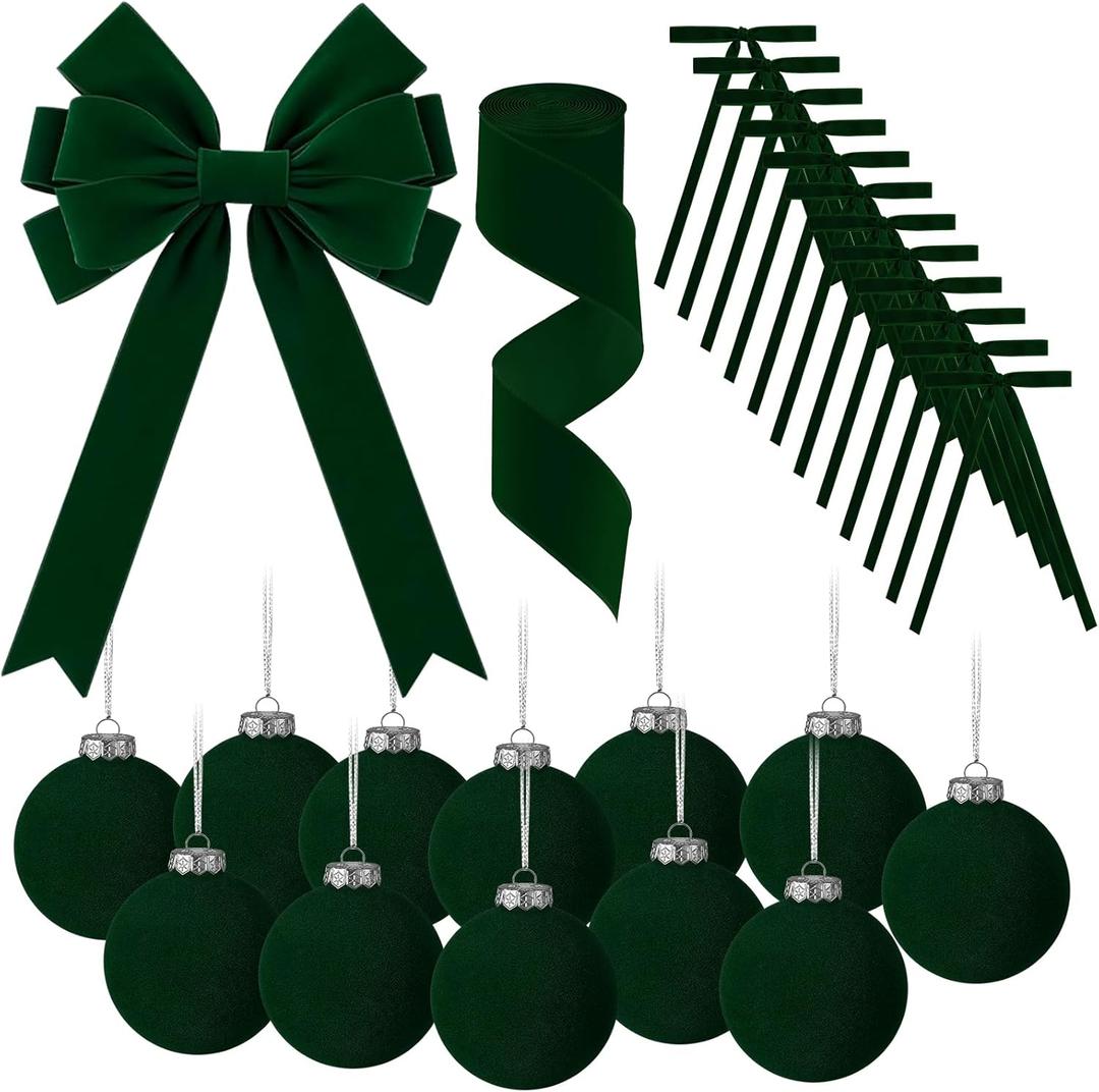 26 PCS Christmas Velvet Ornaments Decor Kit - Tree Toppers Bow, Ribbon, 12 Flocked Christmas Balls & 12 Vintage Bows for Green Holiday Xmas Tree Decorations (Green)