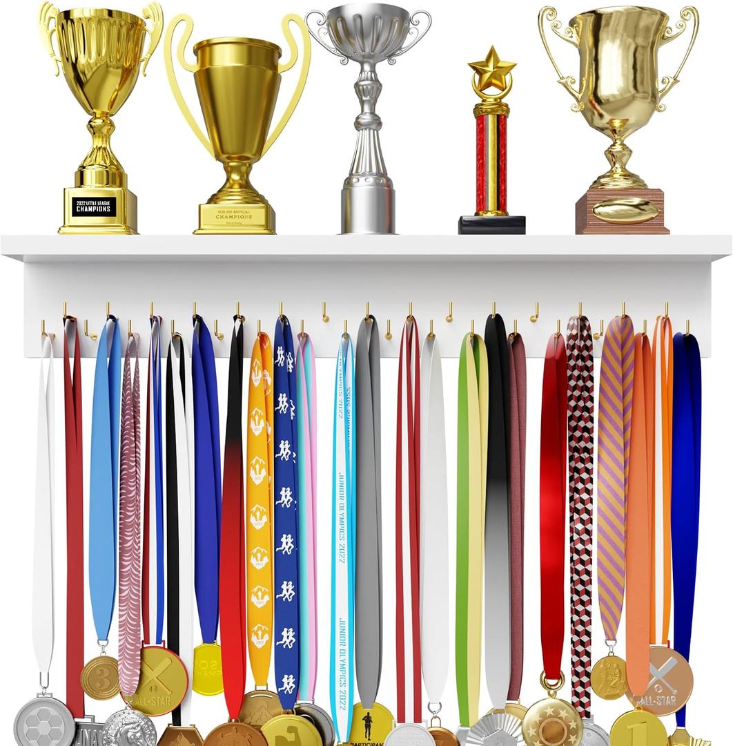 EVERMORE Medal Display Hanger with Shelf, White 24 inches, Trophy Display Rack, 32 Gold Hooks, Wall Mounted, Sports Award Organizer