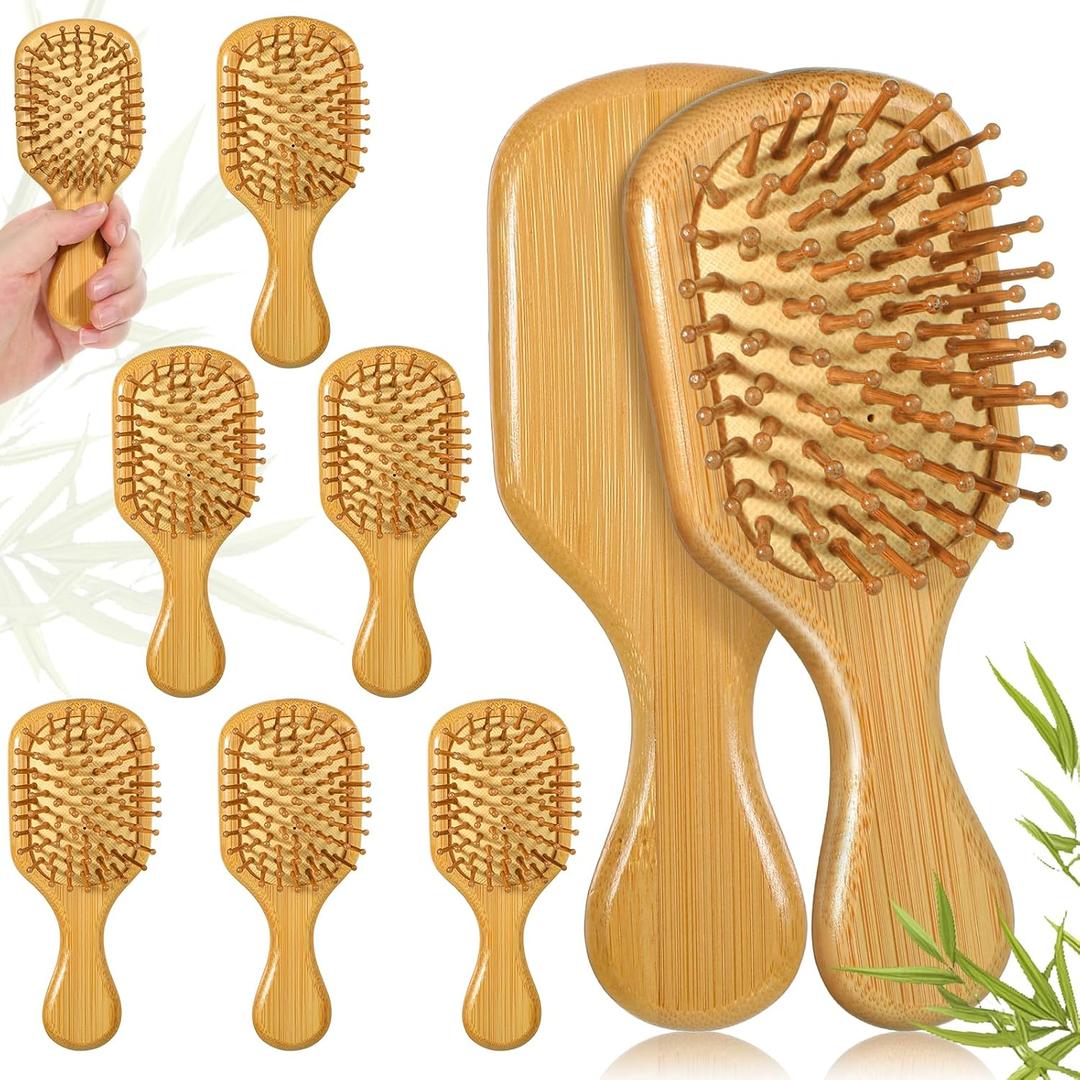 8 Pack Mini Bamboo Hair Brush Bulk Wood Travel Brushes Mini Hairbrush with Ergonomic Handle and Bamboo Bristles, Small Natural Wooden Hairbrush Massage Scalp Detangling Brush, Square