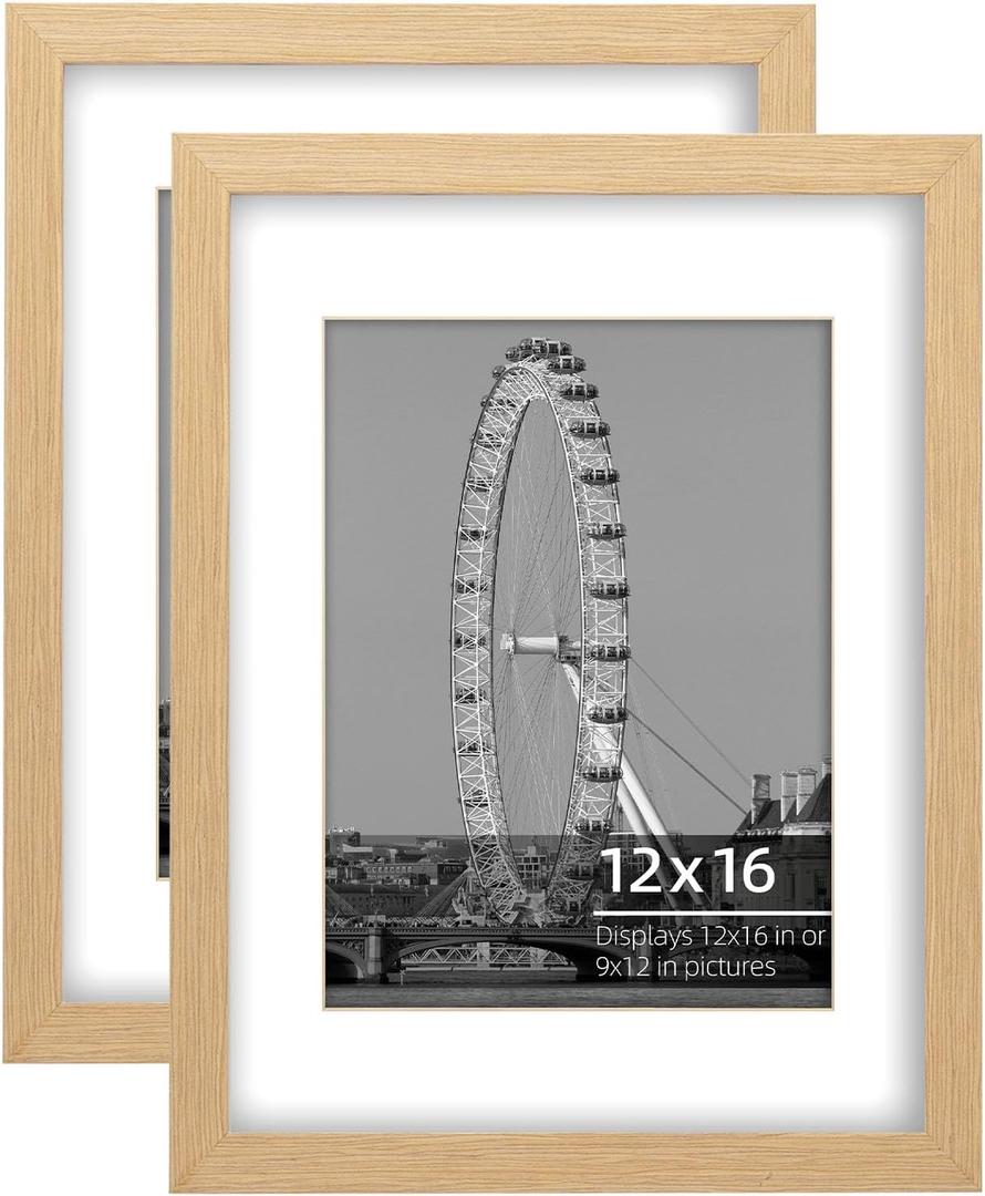 12x16 inch or 9x12 with Mat Poster Frame 2 Piece Set, Straight Wood Grain, Vertcial or Horizontal Display, Natural Oak, 12 x 16 in 2pk