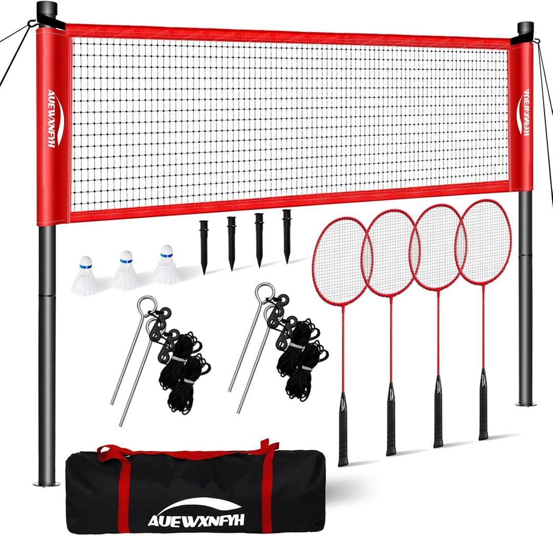 Backyard Badminton Set: Portable Outdoor Net with 4 Performance Rackets, 3 Shuttlecocks & Boundary Line - Complete Heavy-Duty Set for Family Lawn, Grass & Beach Games, 20x2.5FT