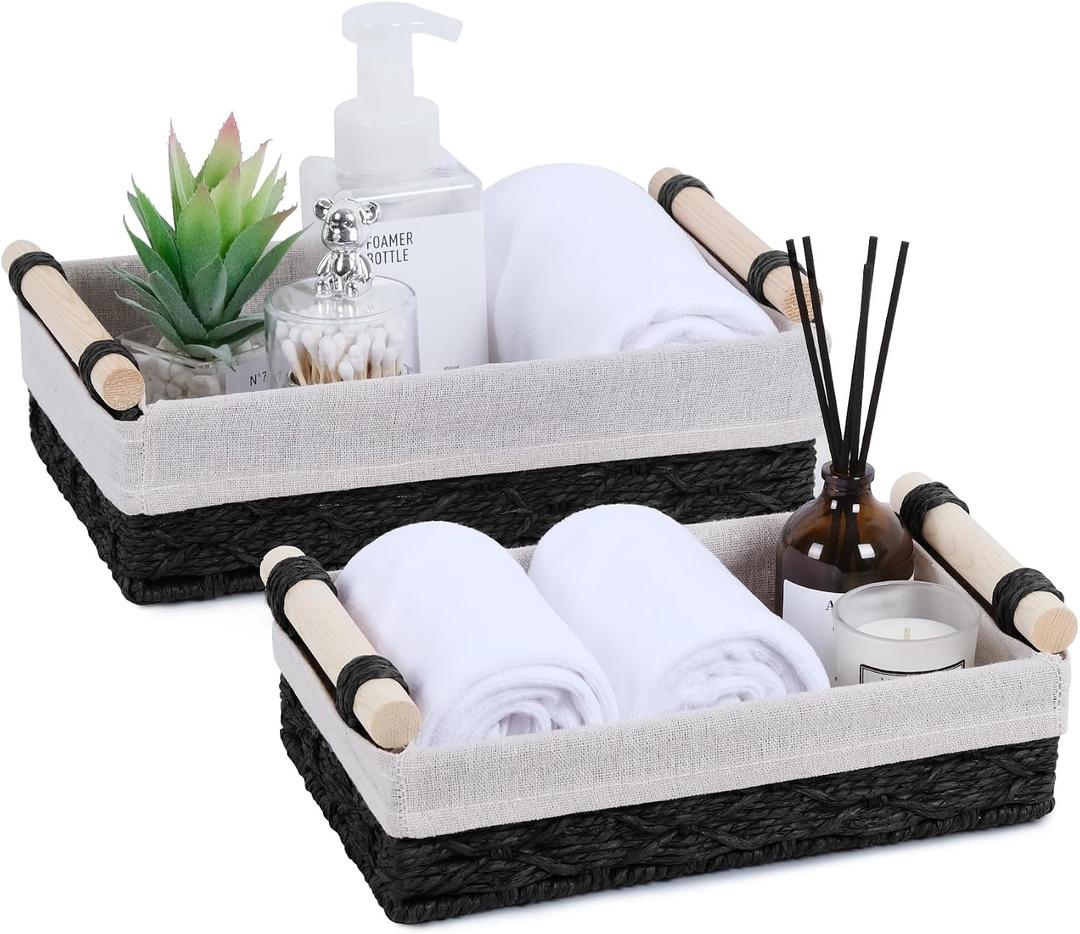 Wicker Storage Basket with Wooden Handle Paper Rope Decorative Toilet Paper Baskets & Bathroom Organizer for Toilet Tank Top, Shelves, Bedroom, Countertop,Home,Office Storage Bins, 2 Pack,Black