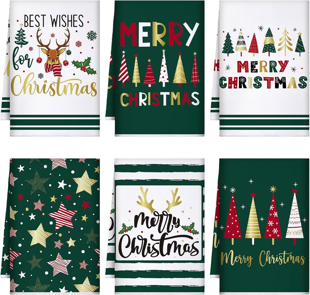 Geyoga 6 Pcs Christmas Kitchen Towels 16 x 24 Inch Vintage Xmas Hand Towels Santa Elk Snowman Decor Candy Dish Towel Absorbent Winter Tea Bedroom Decoration Gifts(Green,Joyous) (Light Color)