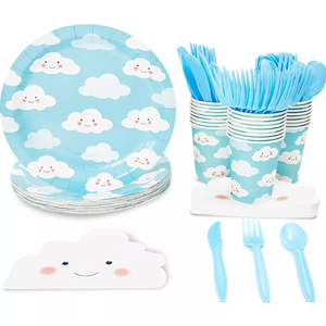 Juvale 144 Pieces Cloud Party Supplies, Paper Party Plates, Napkins, and Plastic Cutlery for Cupcake Decorations (Serves 24)