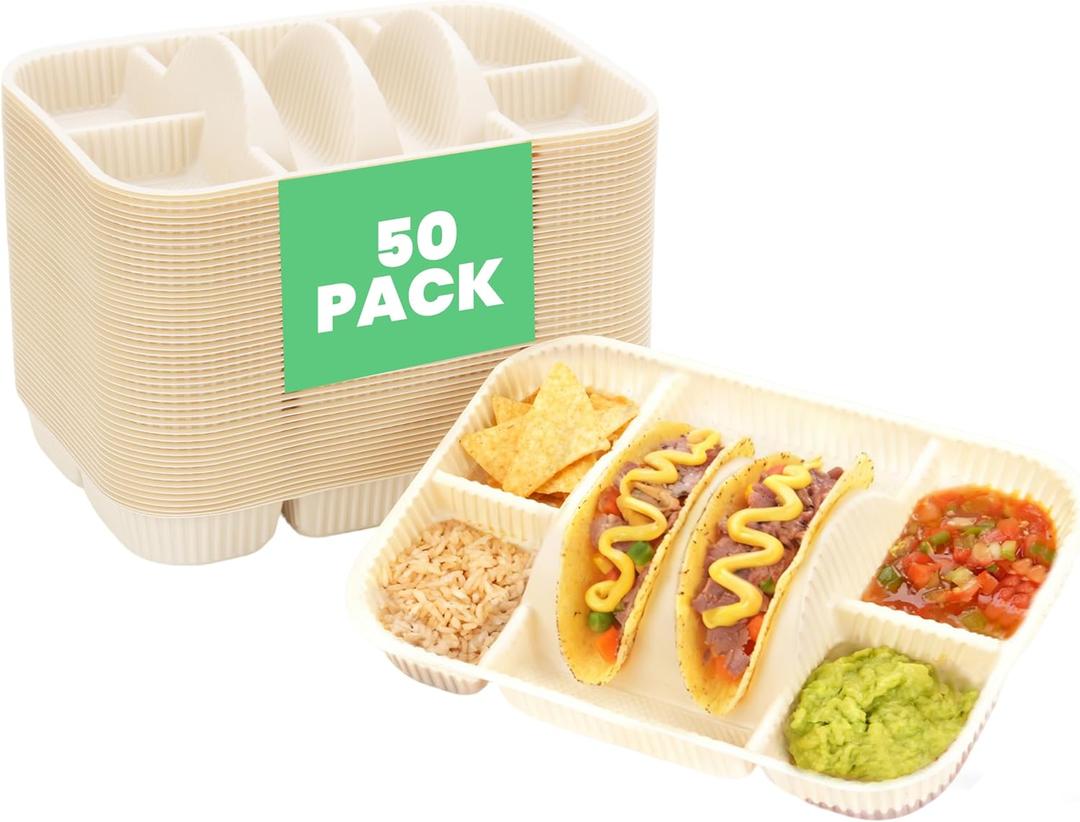 4-Compartment Disposable Taco Plates for 2 Tacos & 4 Sides | Extra-Deep Raised Edge| Biodegradable Cornstarch| Microwave Safe | Perfect for Tuesday, Parties, Fiesta, Nights, Bars | 50-Pack