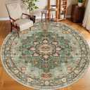 Washable Oriental Area Rug - 9ft Round Rugs for Living Room Soft Carpet for Bedroom Waterproof Floral Distressed Indoor Stain Resistant Non-Shedding Floor Carpets (Green, 9ft-Round)