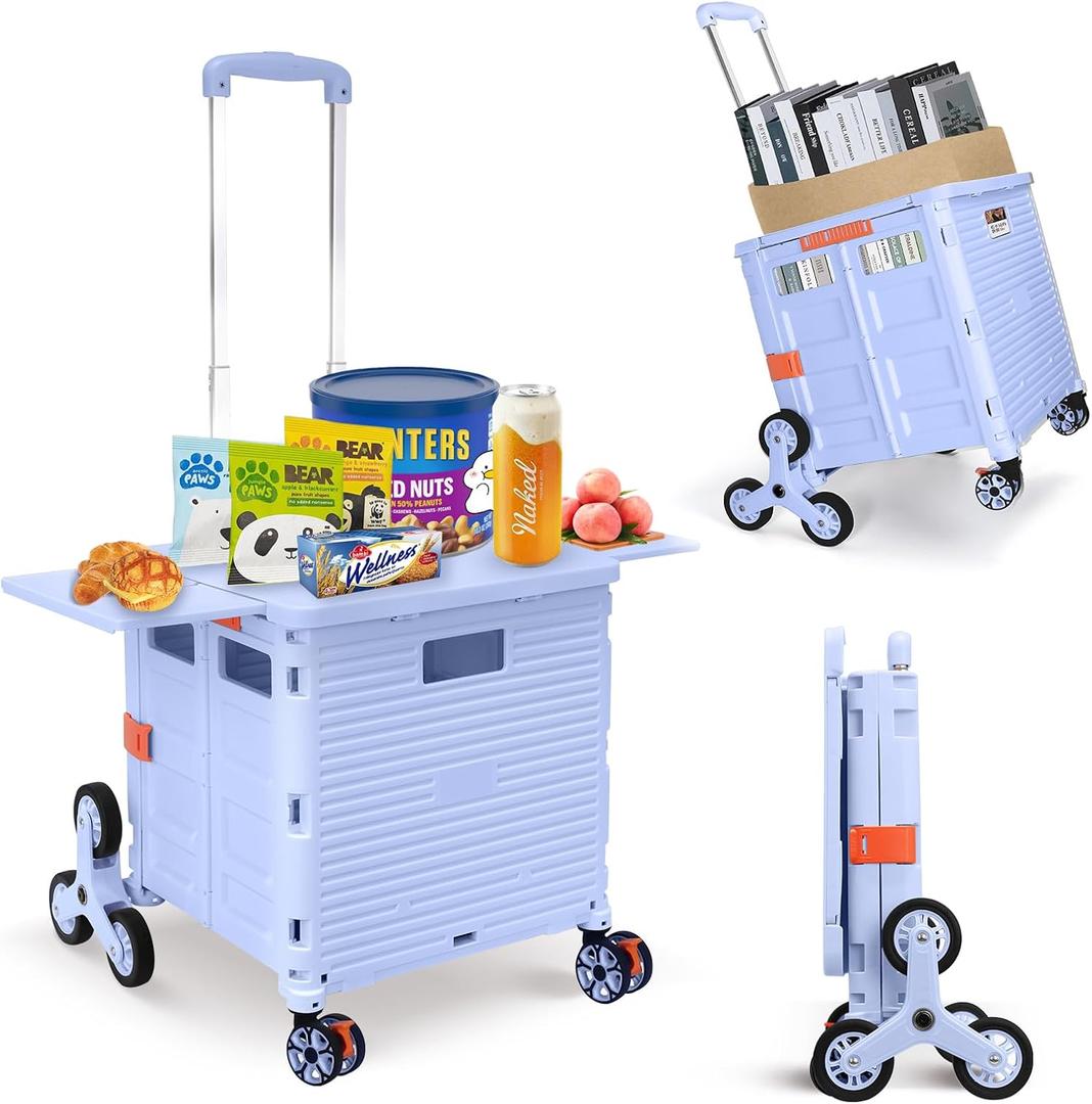 Foldable Utility Cart Collapsible Portable Crate Rolling Carts with Stair Climbing Wheels Tote Basket with Magnetic Lid Telescopic Cover Wear-Resistant 360Rotate Wheel Noiseless for Shopping Office