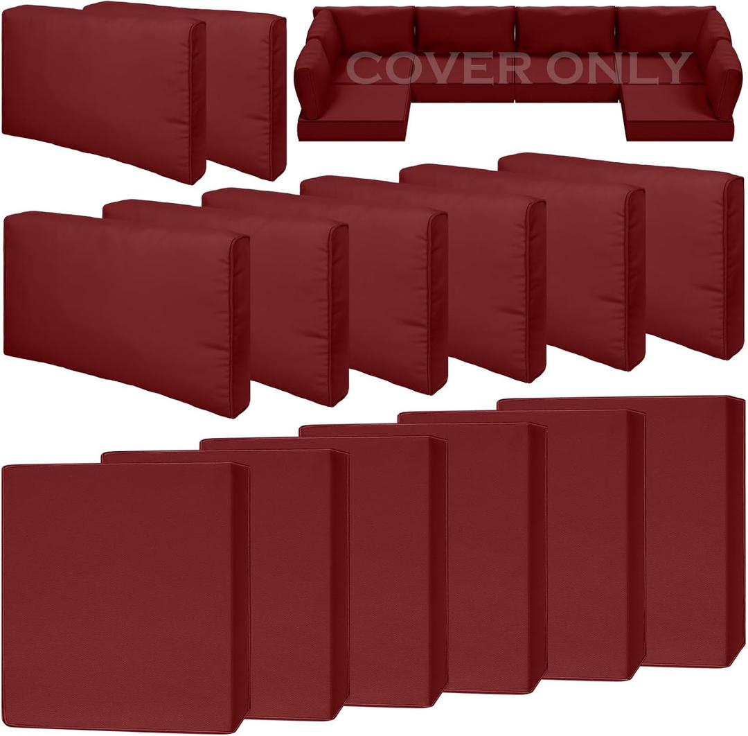 14 Piece Outdoor Patio Waterproof Cushion Covers, Fits 6-Seat Wicker Rattan Sectional Couch Chair Furniture Cover Replacement Set - Fade-Resistant Patio Cushion Covers with Zipper, 23.6*23.6*3.35 inches-14 Pcs, Red