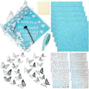 Wavwavw 37 Pcs DIY Graduation Cap Decorations Kit, Glitter Papers, 3D Butterfly Self Adhesive Rhinestones Stickers Alphabet Letter Stickers for 2026 Grad Hat Decor Party Supplies(Lake Blue)