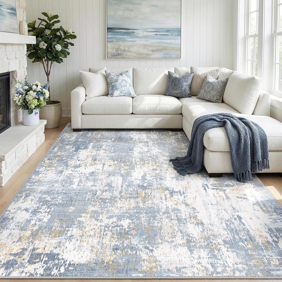 RELEANY Washable Area Rugs 9'x12' Non-Slip Modern Abstract Soft for Living Room Entryway Bedroom Kitchen, Print Pattern, Light Blue