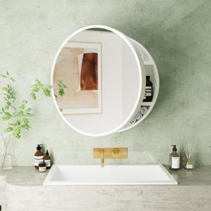 Round Medicine Cabinet Mirror with Shelf, Bathroom Wall Cabinet Medicine Cabinet with Vanity Mirror, Surface Mount Above Toilet Storage Cabinet, White