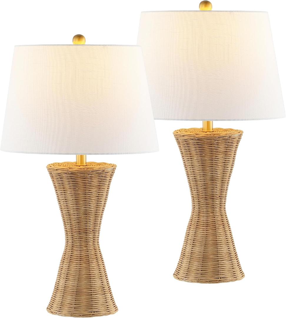 JONATHAN Y 27" Natural Woven Rattan Hourglass Table Lamp Coastal Geometric Wicker Bedside Lamp for Living Room Bedroom with White Fabric Shade Set of 2 LED Bulbs Included JYL4048A-SET2