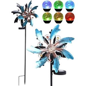 SteadyDoggie Solar Wind Spinner - Metal Garden Decor with Multi-Color Changing LED Lights - Garden Wind Spinners - Kinetic Windmill Sculpture for Decorations -Decorative Lawn Ornaments - 56"x12.4"