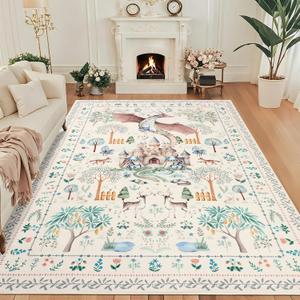 nesrt 6x9 Washable Area Rugs for Living Room Beige Non Slip, Soft Botanical Dragon Bedroom Rugs, Thin Animal Print Forest Dining Room Floor Carpets for Kids Nursey Playroom Farmhouse Home Office Decor