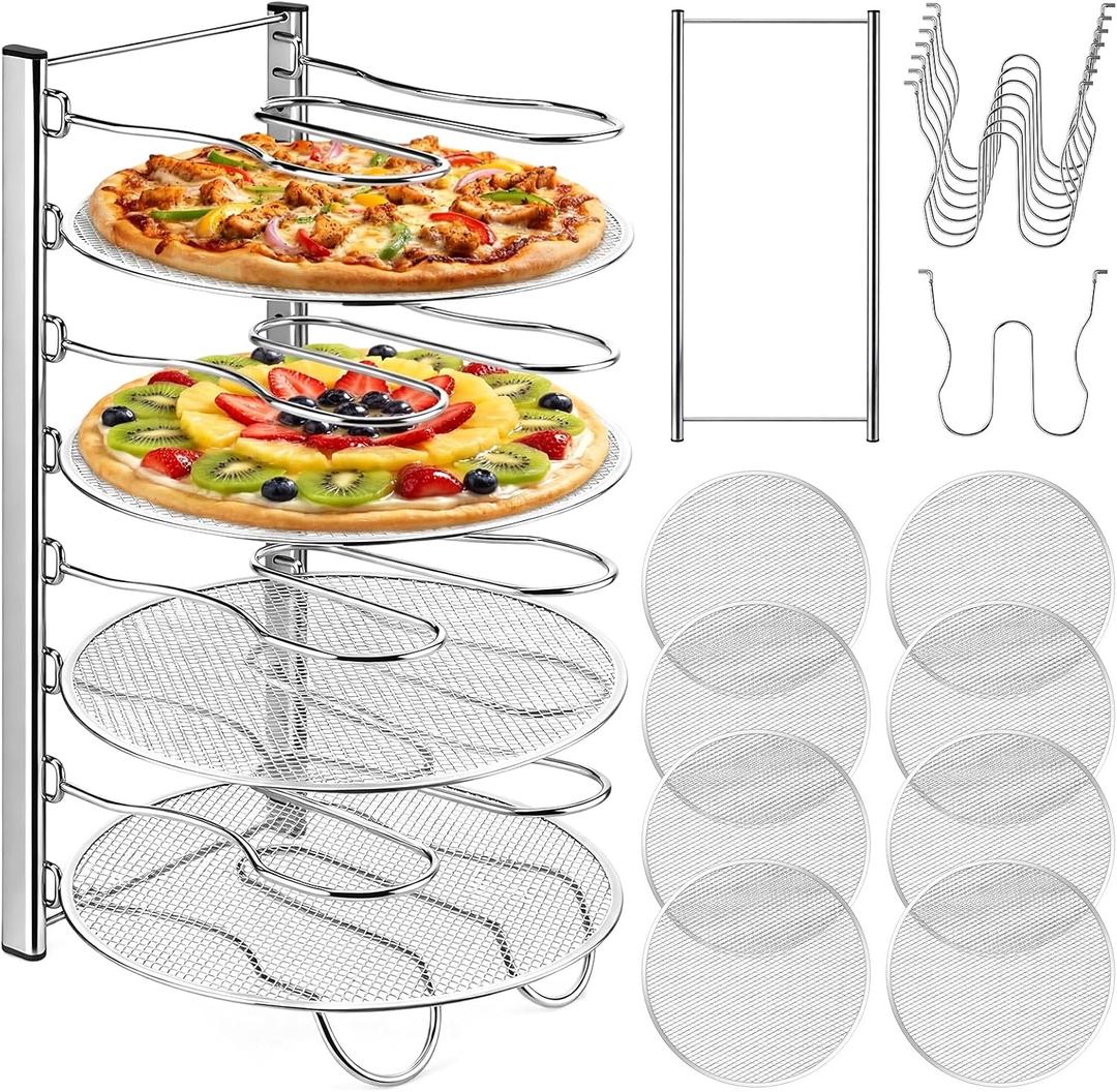 Pizza Rack 8 Tiered Stand 10.43" L x 8.52" W x 19.7" H with 8 Pcs 12 Inch Pans Flexible Detachable Aluminum Baking Set for Easy Storage and Baking Multiple Pizzas