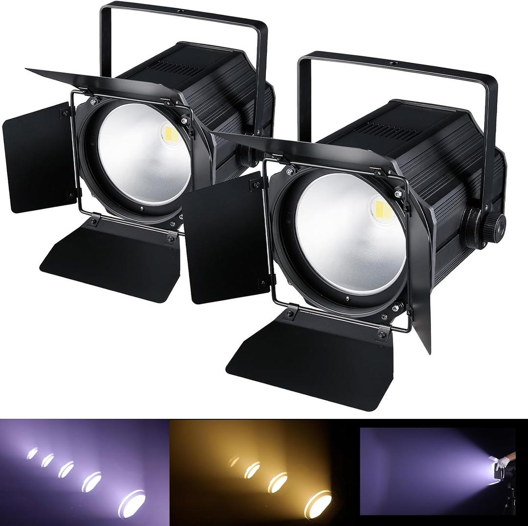 COB Stage Lights with Barn Doors, COB Par Light 200W LED 3500~7500K Warm White & White, DMX512 Master-Slave Sound DJ Lighting Spotlight Fresnel for Church Concert Wedding (2-Colors Style, 2)