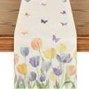 Artoid Mode Watercolour Tulip Butterfly 210 GSM Spring Table Runner, Seasonal Summer Kitchen Dining Table Decoration for Home Party Decor 13x108 Inch