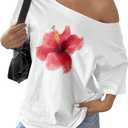 Women's Oversized Off Shoulder Graphic Tees Short Sleeve Bow Letter Print T Shirts Y2K Tops (XL)