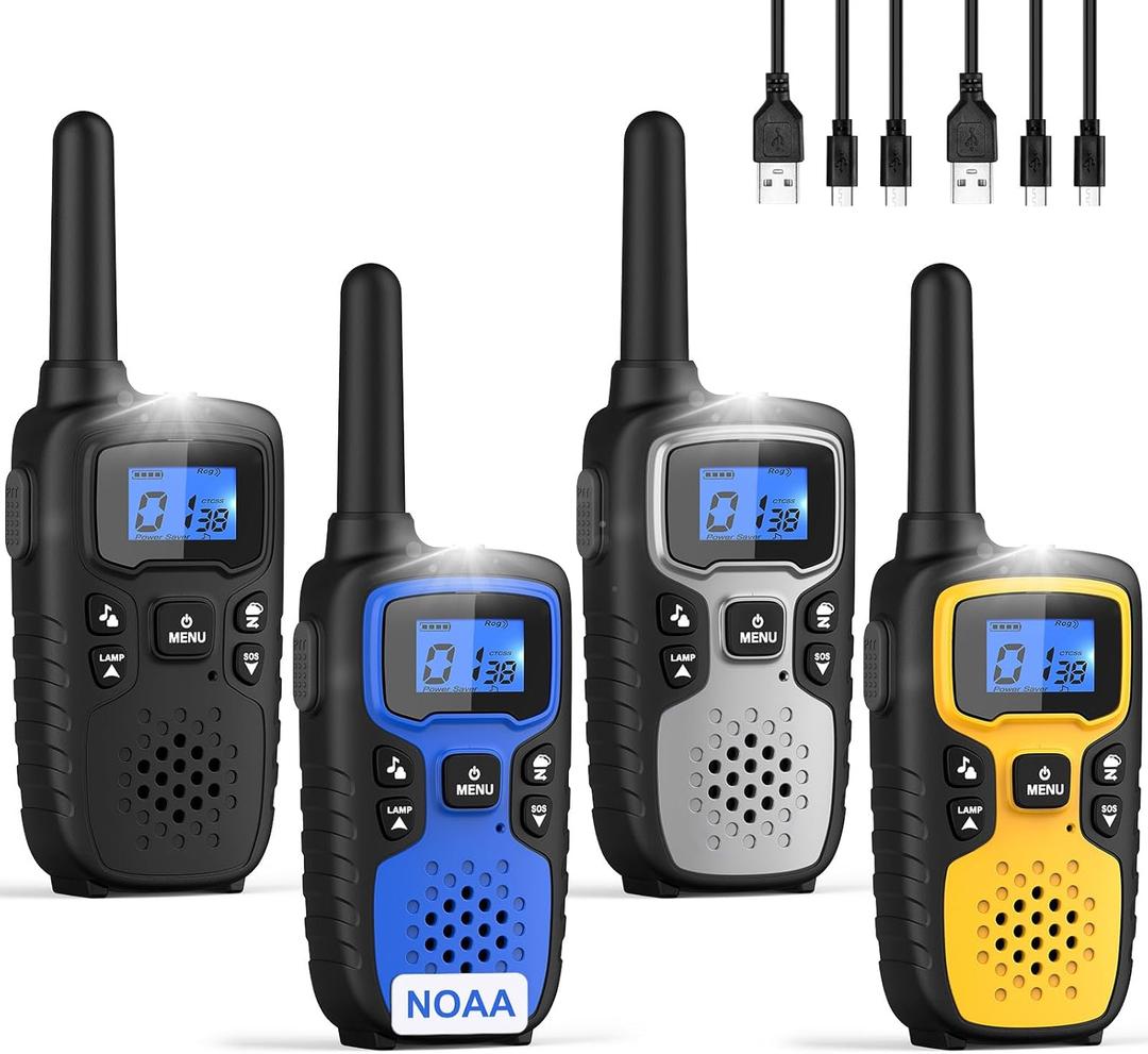 Wishouse Walkie Talkies for Adults Long Range-Rechargeable 4 Pack 2 Way Radios, Hiking Accessories Camping Gear Xmas Birthday Gift for Kids Family with Lamp,SOS Siren,NOAA Weather Alert,Easy to Use (Black Blue Silver Yellow)