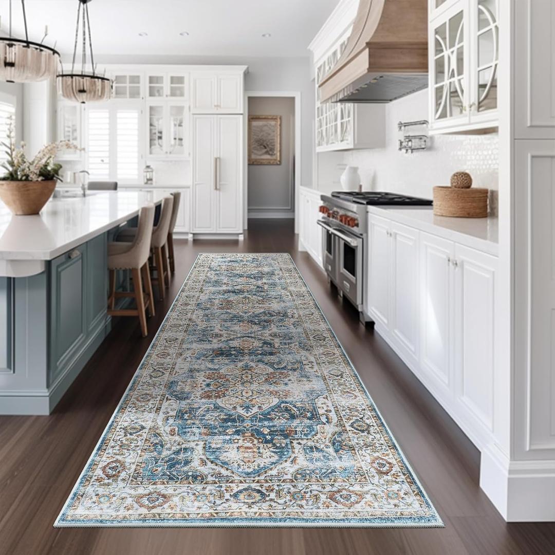 Madane Runner Rug 2x8, Washable Hallway Runner Rugs, Non-Slip Low-Pile Soft Kitchen Rug Runner Laundry Room Rug, Vintage Throw Entry Foyer Mat for Entrance Living Room (Navy, 2 x 8)