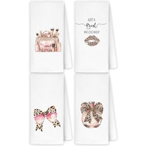Coquette Leopard Bathroom Hand Towels, Cheetah Print Bathroom Decor, Pink Leopard Bow Makeup Lips Perfume Decorative Hand Towels for Bath Room Washroom Restroom, 16x24 Inch Set of 4