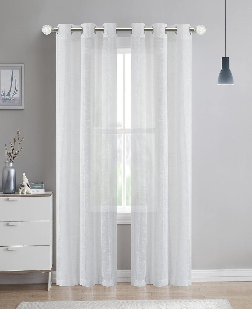 Dainty Home Megan Striped Sheer Fabric 76" x 96" Window Panel Pair in White, (96MEG76WH)