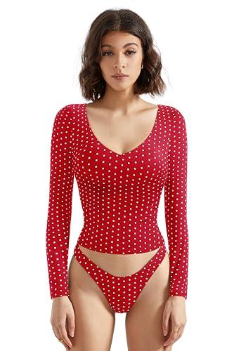 SUUKSESS Women Double Lined V Neck Going Out Crop Long Sleeve Tank Top Casual Fitted Slim Trendy Cute Basic Y2k Outfit Tops Shirts Fall Winter 2025(Red Polka Dots,S)