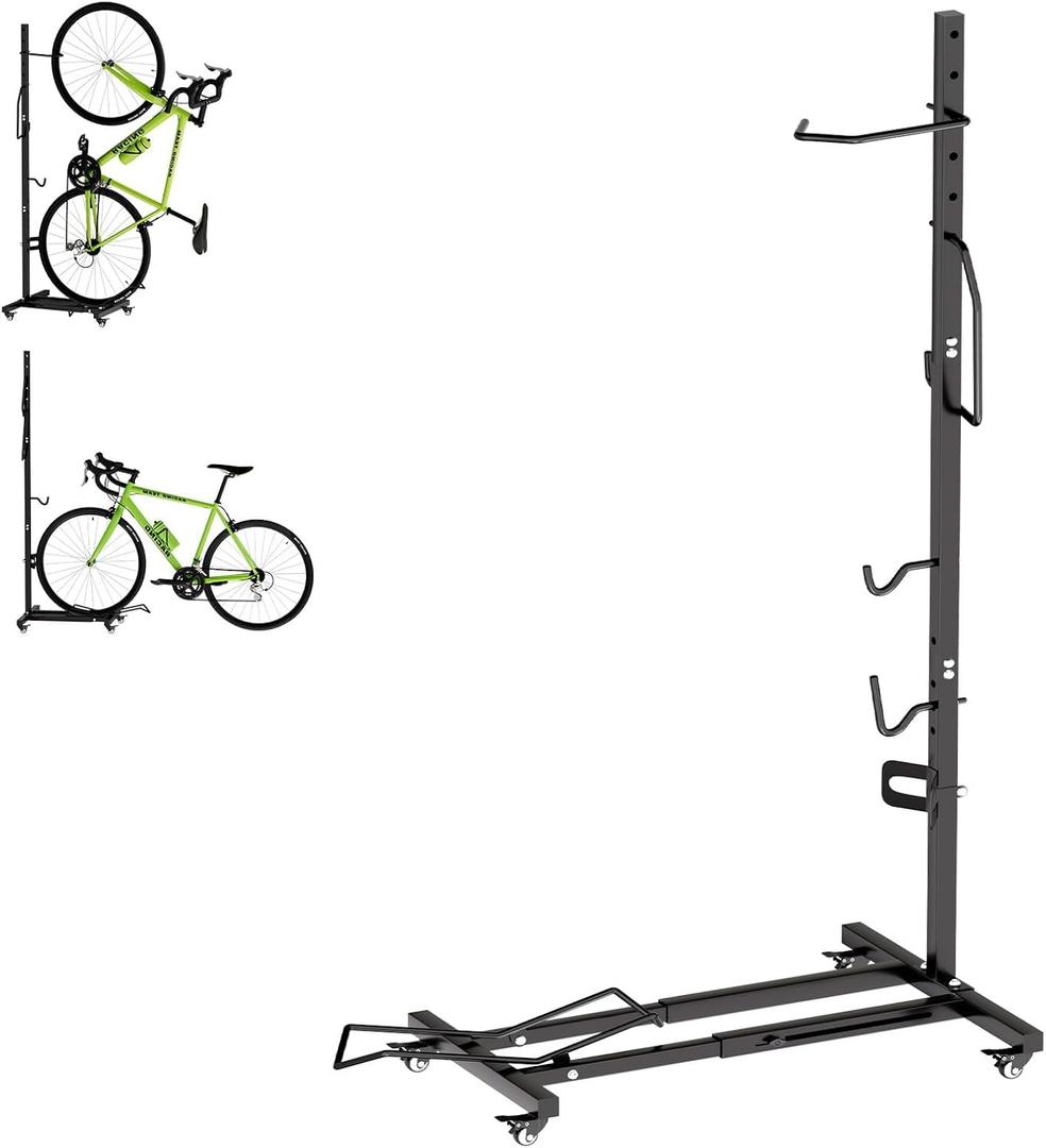 Vertical Bike Stand with Wheels, Space-Saving Freestanding Bike Rack, 360 Moveable Adjustable Height Indoor Bike Storage for Garage & Apartment, Floor Bike Parking Holder for Bikes up to 22-29