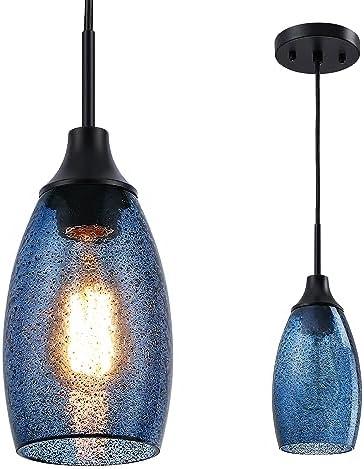 Viinew Mini Glass Pendant Light 1-Pack Handblown Clear Dark Blue Seeded Glass Shade Adjustable Cord Ceiling Light Fixture for Kitchen Island Sink 4.72"