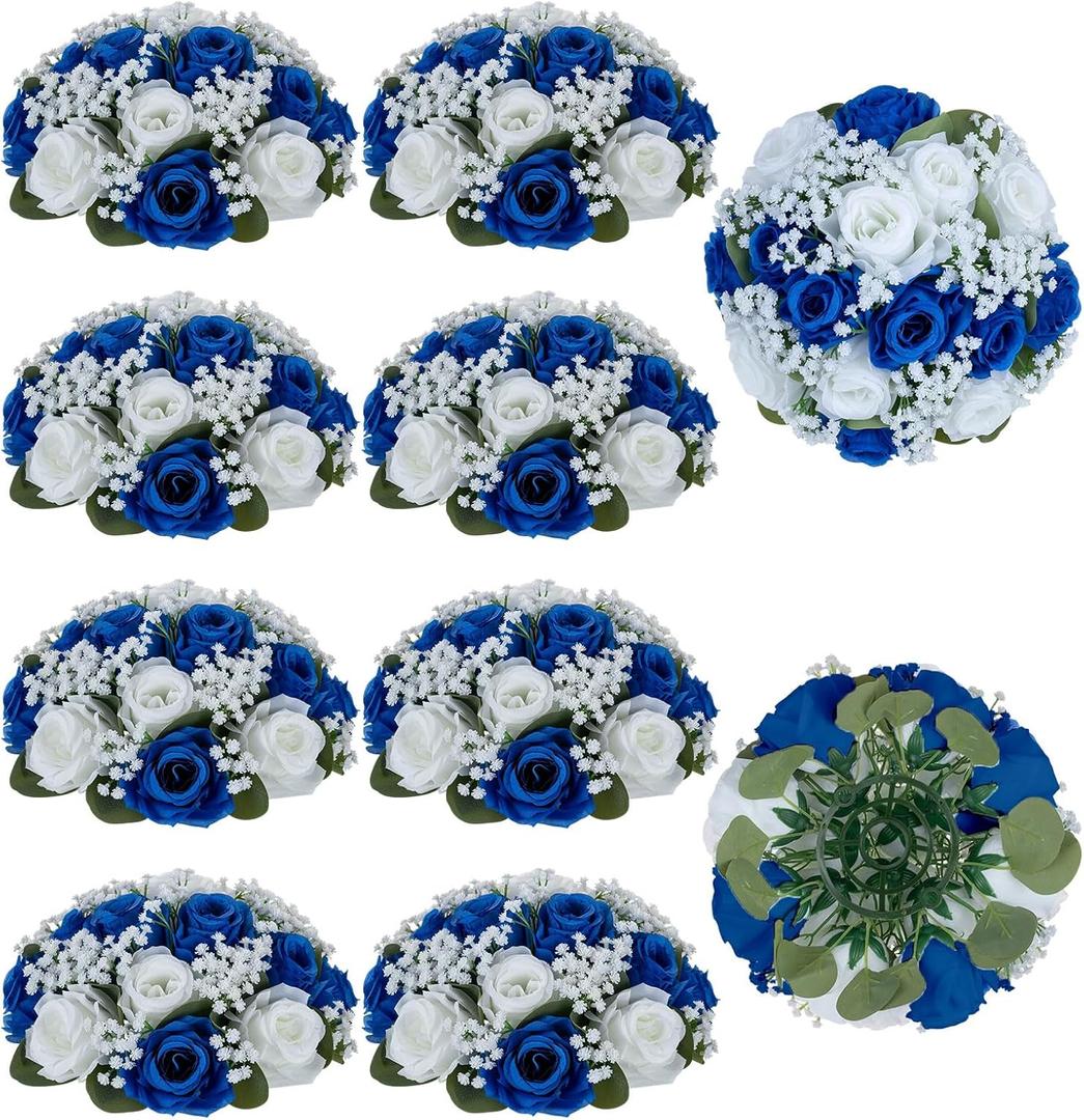 BLOSMON Fake Flowers Ball Wedding Centerpieces 10 Pcs Royal Blue Rose Babys Breath Artificial Flowers Center Pieces Decoration for Table Faux Silk Floral Bouquet Arrangements for Home Party DIY Decor
