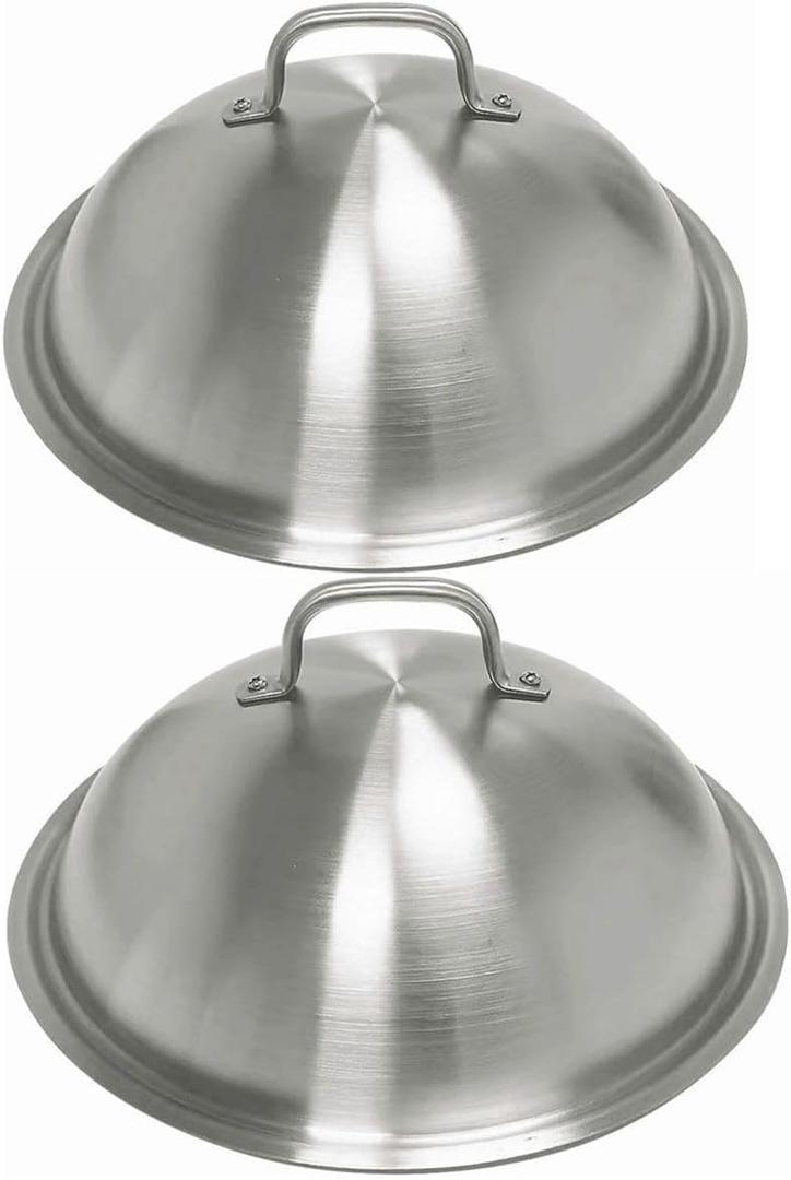 Griddle Accessories Pot Lids - Heavy Duty 12 Inch Round Basting Cover - Stainless Steel - Cheese Melting Dome and Steaming Cover - Best for Use in Flat Top Grill Cooking Indoor Outdoor- 2 Domes