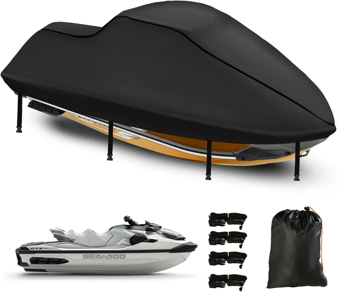 Jetski Sea-doo Cover Waterproof, Upgraded 420D Heavy Duty Jet Ski Covers,2 Air Vent Marine Grade UV Resistant for Seadoo,Kawasaki,Waverunner Polaris from 136" to 145"(Black)