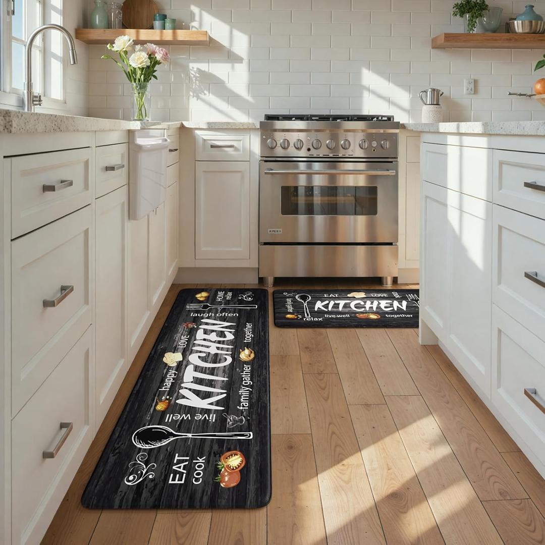KIMODE Anti Fatigue Kitchen Mat 2PCS,Non Slip Waterproof Kitchen Rugs,Farmhouse Grey Kitchen Mat for Floor,Cushioned Comfort Foam Standing Mat for Home,Laundry,Sink,Desk (17.3" x 59"+17.3" x 29"--0.47 inches)