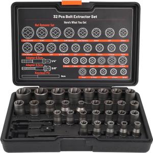 Bolt Extractor Set, 32Pcs Stripped Bolt Remover Lug Nut Extractor Set, Lug Nut Remover for Broken Damaged Rounded-Off Bolts, Nuts, Bolts, Studs, Threaded Tubes
