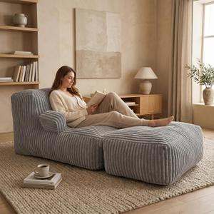 Giant Bean Bag Chair Plush Faux Fur, Foldable Memory Foam Lounger, Removable Washable Cover for Living Room, Gaming & Lounge (Stripe Grey)