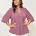 SCOMCHIC Women's Plus Size Blouses 3/4 Sleeve V Neck Pleated Shirts | 3/4 Sleeve, Dressy Tunic Tops, Casual Loose, V Neck, Pleated Shirts (Pink, XXL)